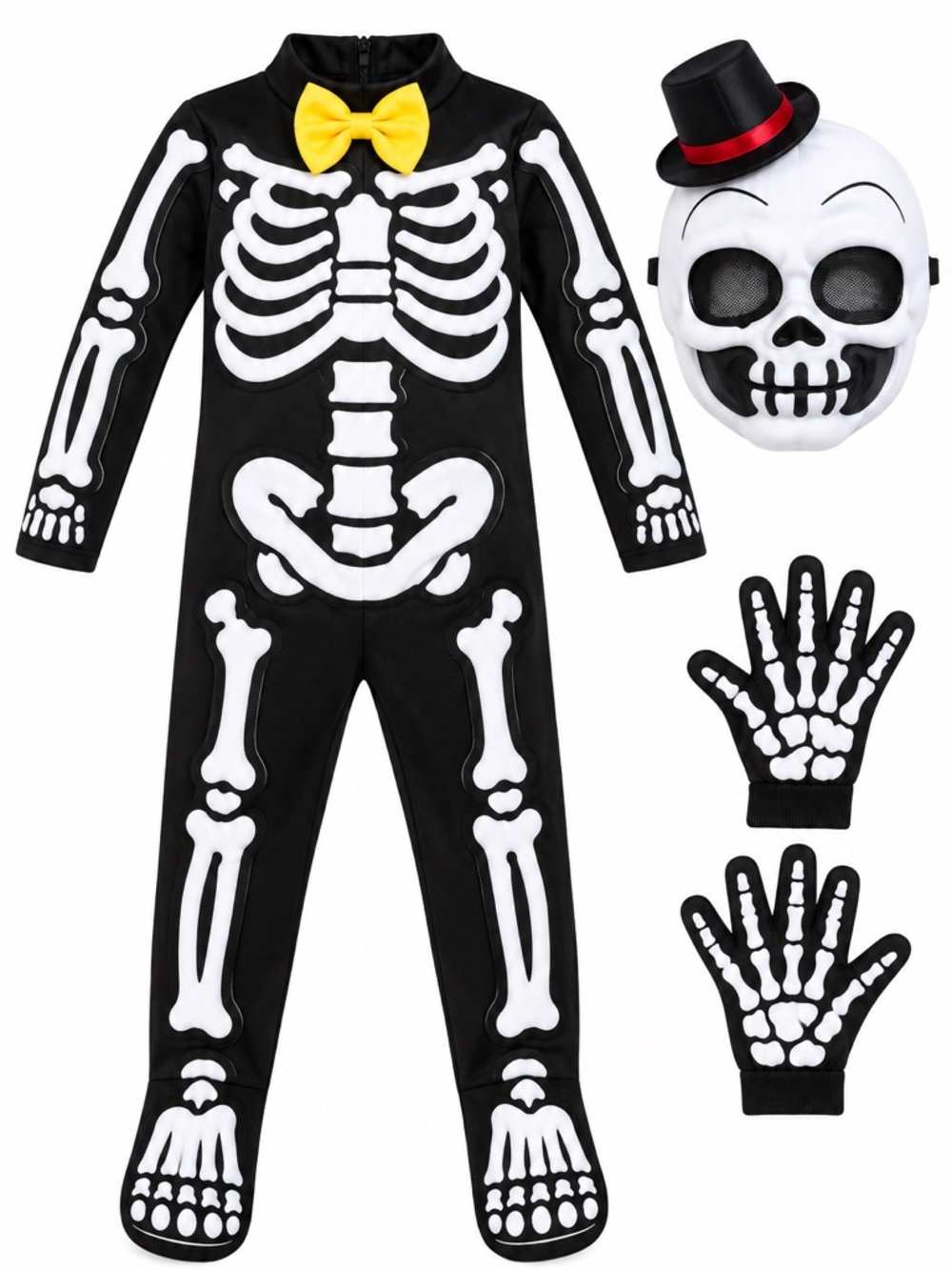 New - Kids Black Skeleton Costume with Yellow Bow Tie and Skull Mask | Size 3T